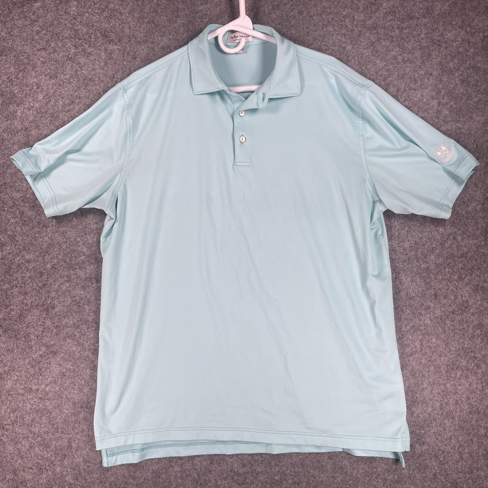 Peter Millar Polo Shirt Mens Large Blue Summer Comfort Golf Mayfield Crest Logo‎